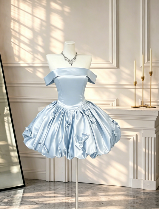 Fashion Blue Short Cocktail Dress Strapless Satin Bow A Line Short 16th Birthday Outfits D2652