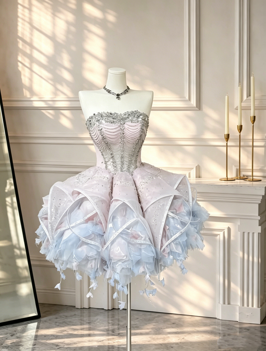 Glamorous Strapless Tulle Beaded Short 18th Birthday Outfits Pink Mini Homecoming Dress D2553