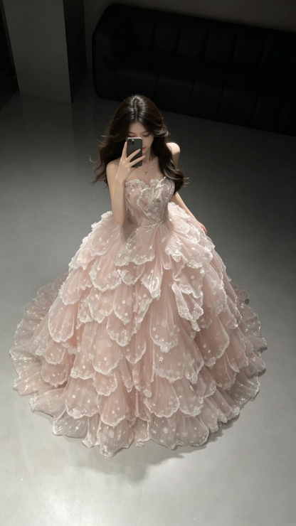 Glamorous Strapless Ball Gown Pink Tulle Sequin Layered Long Evening Dress Birthday Party Gown D1942