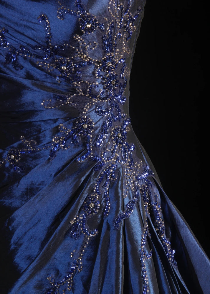 Vintage Navy Blue Strapless Sheath Satin High Slit Long Prom Dress Guest Dress DP3498 main image 0