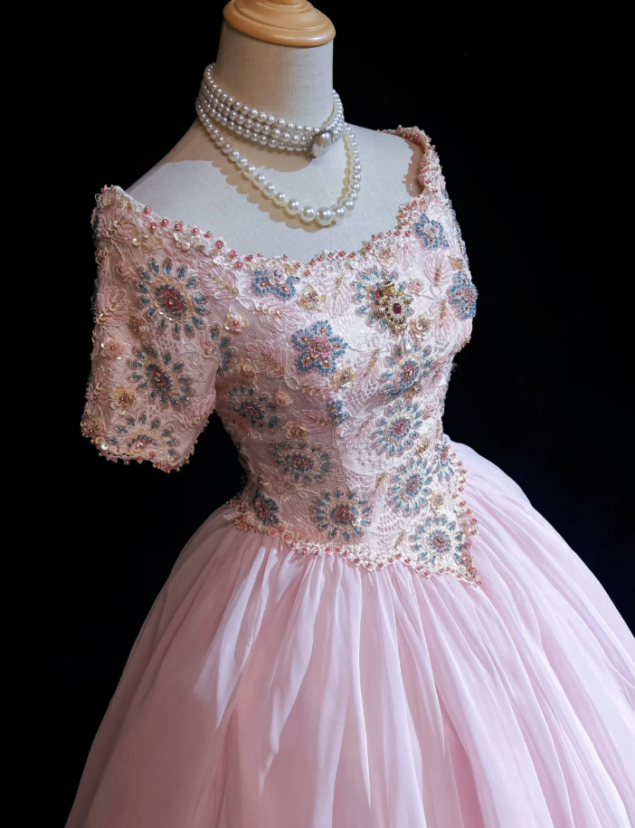 Charming Pink Tulle Lace Beaded Ball Gonn Long Birthady Evening Dress D2070