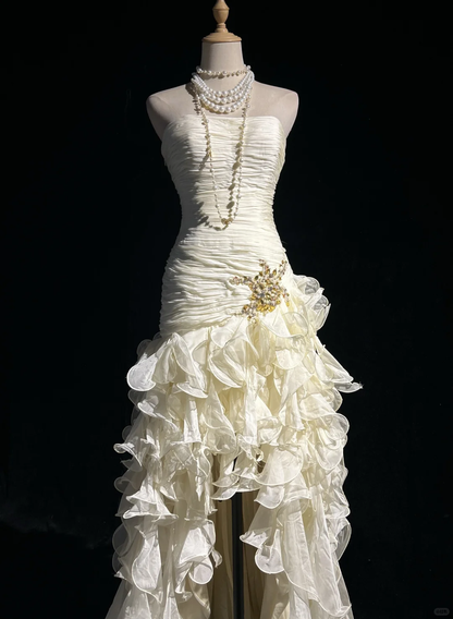 Elegant Strapless Off White Chiffon Pleated Ruffles Mermaid Evening Dress Long Prom Dress D3122