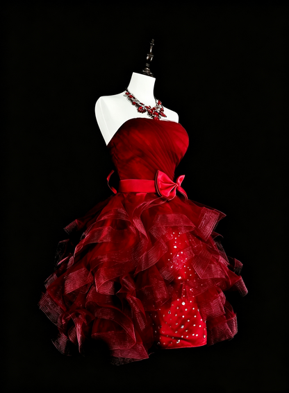 Chic Strapless Red Satin Tulle Beaded A Line Short Birthday Dress,Mini Prom Dress D4069