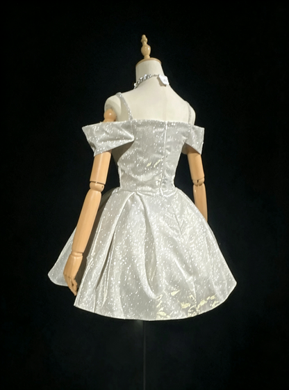 Sparkly Off The Shoulder Satin Sequin A Line cocktail Dress,Silver Short 9th Grade Homecoming Dress D3367
