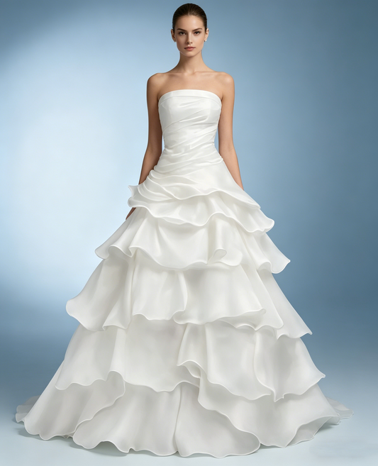 Pretty Strapless A Line Ruffle Long Prom Dress White Layered Wedding Dress  S183