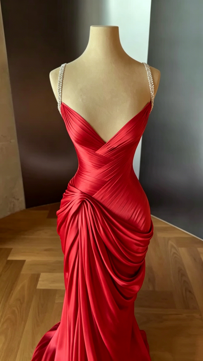Elegant Pink Spaghetti Straps Satin Pleated Mermaid Long Party Dress Evening Dress D2978