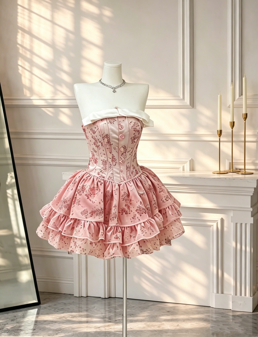 Pretty Pink Strapless Floral Satin A Line Short Birthday Dress Formal Graduation Homecoming Dress D2651