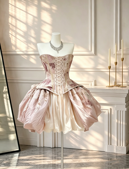 Vintage Pink Satin Printed Floral Short 7th Grade Homecoming Dress Strapless Cocktail Dress D2552