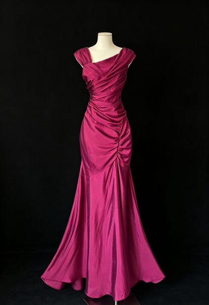 Vintage Fashion Mermaid Floor Length Hot Pink Satin Evening Dress Prom Dresses SD1879