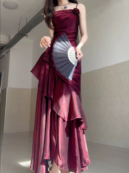 Wine Red Satin Long Straps Prom Dress Wine Red A-line Party Dress SD1360