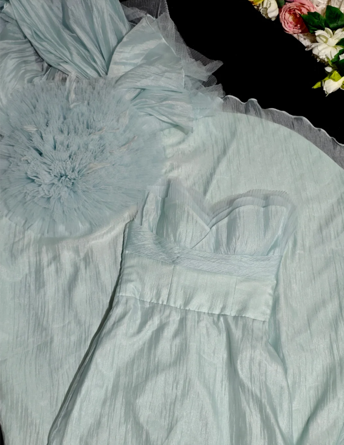 Charming Strapless Blue Tulle Mermaid Long Party Dress Birthday Prom Gown D2359