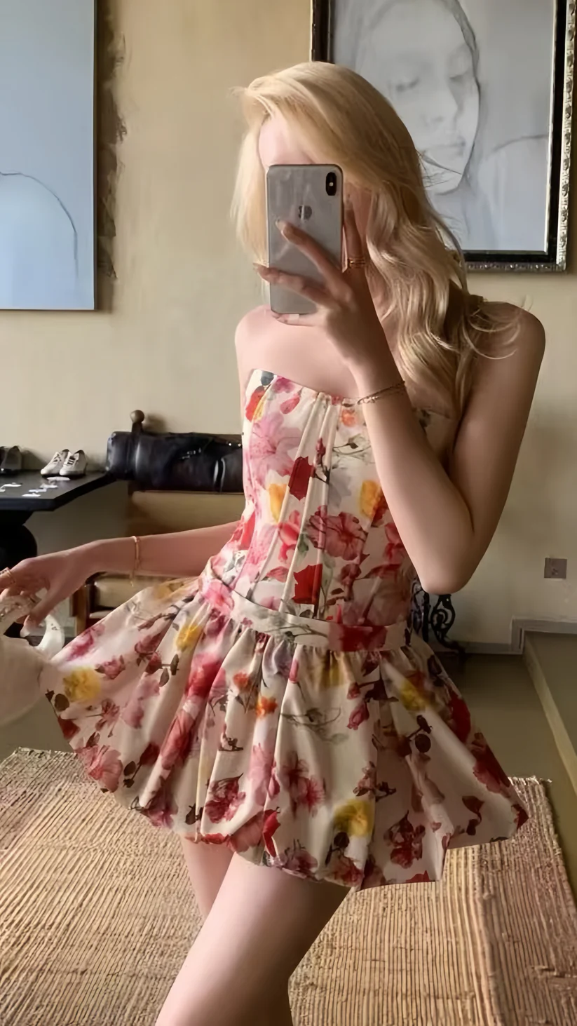 Pretty Strapless Satin Print Floral A Line Short 21st Birthday Outfits Homecoming Dress D797