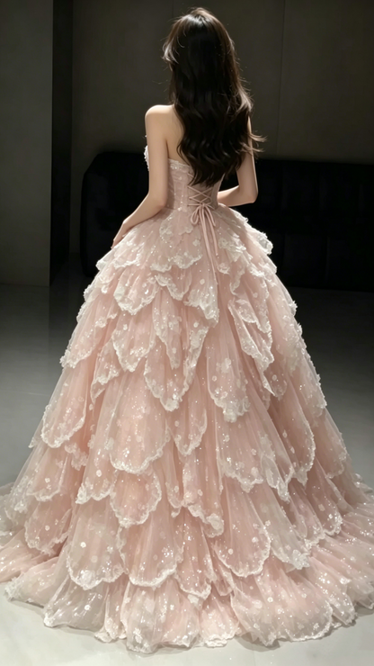 Glamorous Strapless Ball Gown Pink Tulle Sequin Layered Long Evening Dress Birthday Party Gown D1942