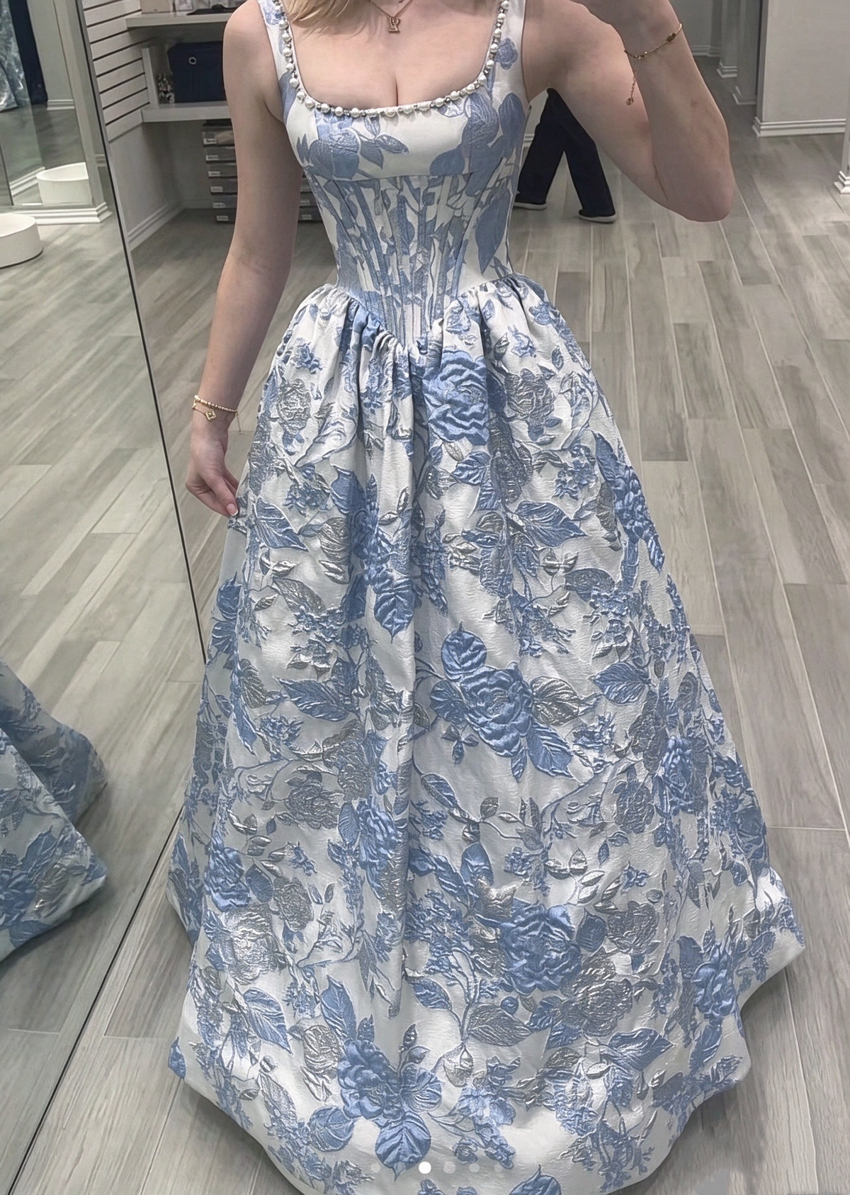 Unique Blue Satin Print Floral Beaded Long Birthday Prom Dress Party Gown D4742