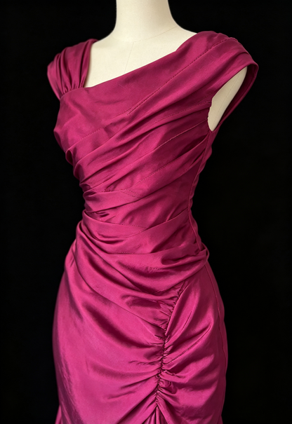 Vintage Fashion Mermaid Floor Length Hot Pink Satin Evening Dress Prom Dresses SD1879