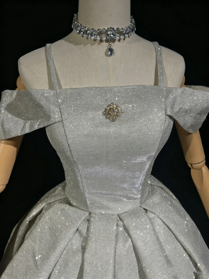 Sparkly Off The Shoulder Satin Sequin A Line cocktail Dress,Silver Short 9th Grade Homecoming Dress D3367