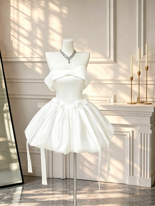 Elegant White Birthday Dress Strapless Satin Bow A Line Short Party Dress Homecoming Dress D2551