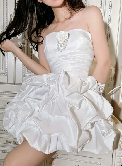 Pretty White Satin Pleated A Line Short Homecoming Dress,Strapless Short Party Gown D3366