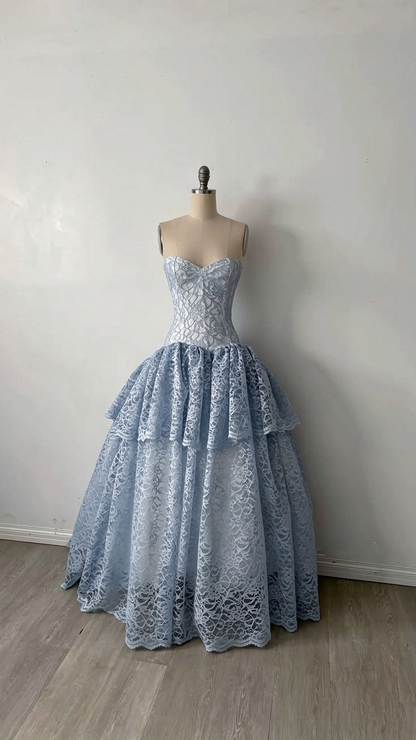 Elegant Blue Strapless Lace Long Birthday Prom Dress Evening Dress D4745