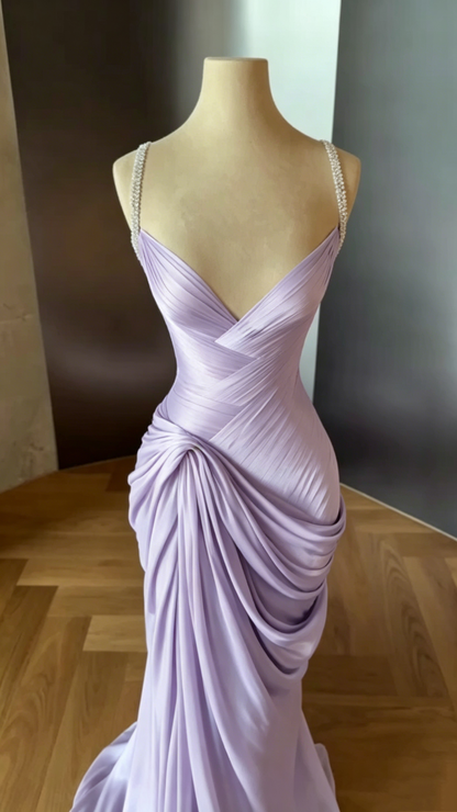 Elegant Pink Spaghetti Straps Satin Pleated Mermaid Long Party Dress Evening Dress D2978