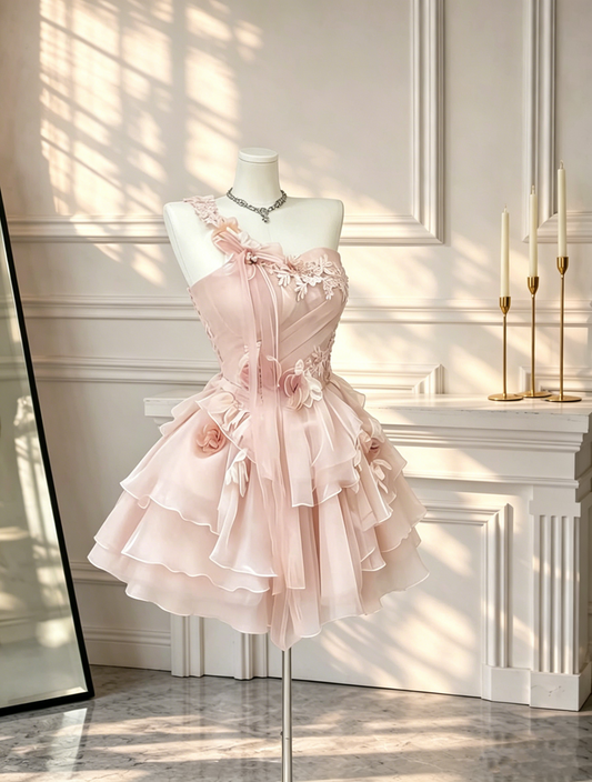 Cute One Shoulder Birthday Outfits Pink Vacation Dress Chiffon Appliques A Line Short Homecoming Dress D2550