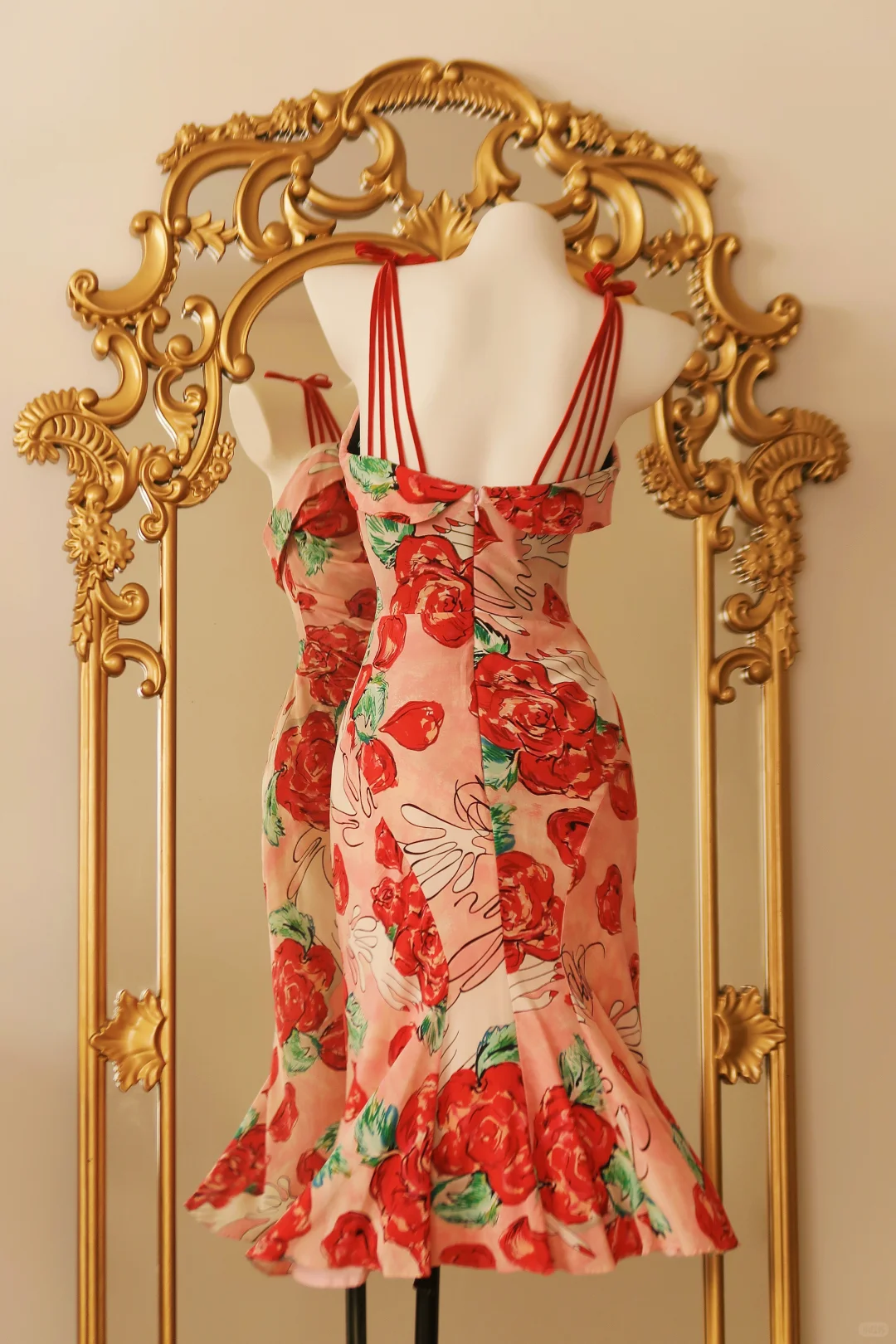 Beautiful Spaghetti Straps Rose Floral Chiffon Mermaid Knee Length Party Dress Birthday Prom Gown D2765