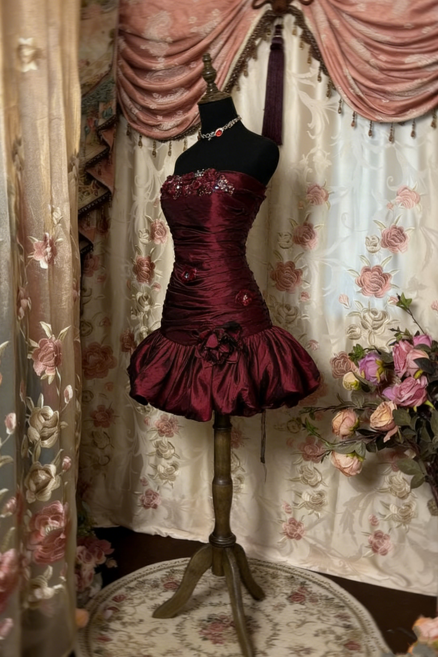 Vintage Sheath Strapless Burgundy Mini Dresses Homecoming Dress 16th Birthday Dresses SD2414
