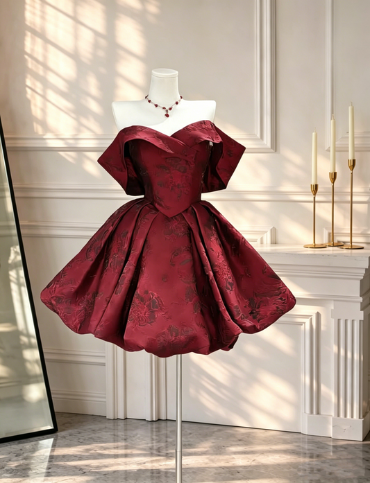 Vintage Burgundy Off The Shoulder Short Cocktail Dress Satin Print Floral A Line Mini 8th Grade Homecoming Dress D2648