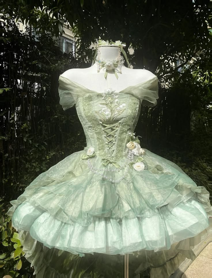 Classy Off The Shoulder Green Tulle Lace Floral Short Homecoming Dress Birthday Dress D4640