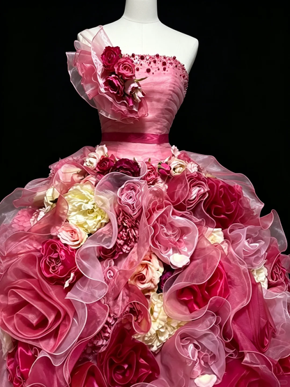 Charming Strapless Pink Satin Tulle Pleated Floral Quinceanera Dress Sweet 15 16 Dress D5275