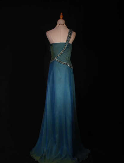 Unique Blue One Shoulder Satin Pleated Beaded Mermaid Prom Dress Long Birthday Evening Gowns D2289
