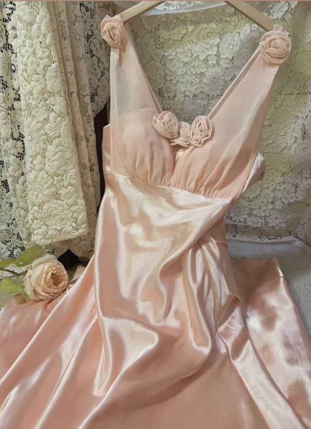 Pretty Pink V Neck Satin Mermaid Long Wedding Guest Dress Formal Birthday Prom Dress Party Gown D2139