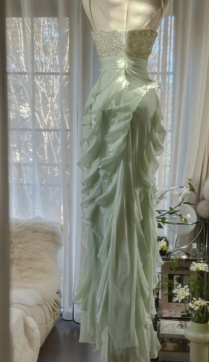 Glamorous Spaghetti Straps Green Beaded Chiffon Ruffles Long Party Dress Evening Gown D1792