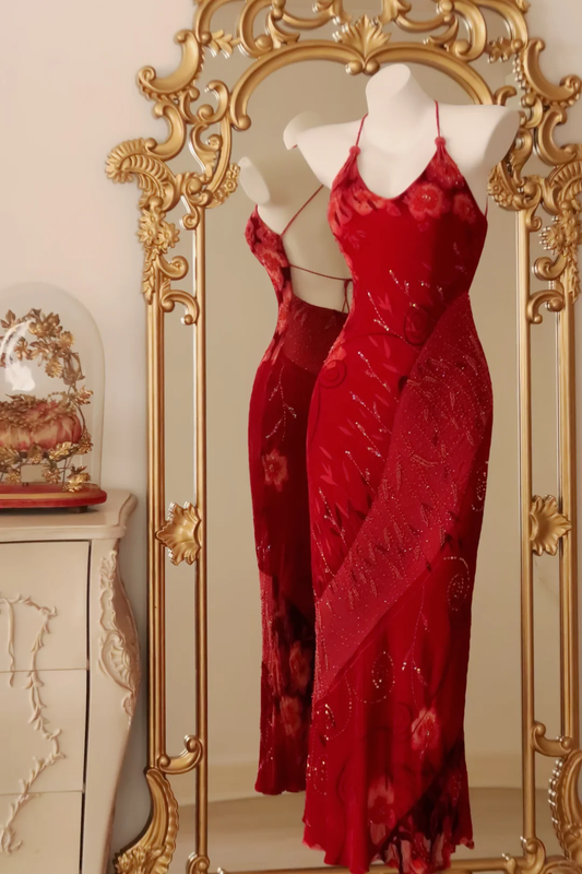 Gorgeous Halter Chiffon Print Floral BEaded Mermaid Evening Dress Red Long Birthday Prom Dress D2782