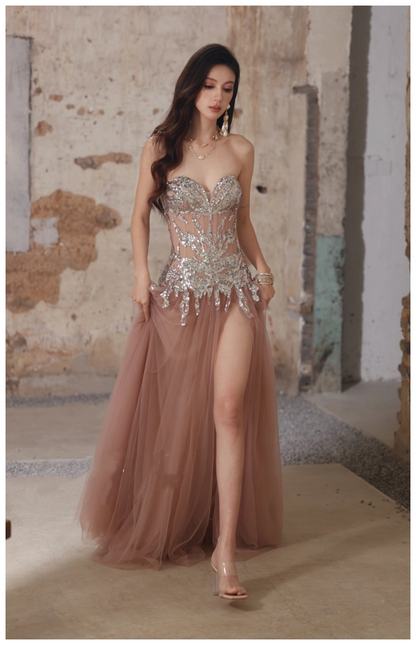 Pretty Pink Sweetheart Neck Tulle Sequin A Line Slit Long Evening Dress Party Gown D2408