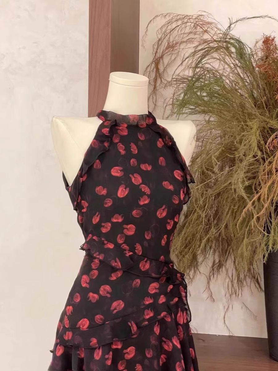 Burgundy Print Floral Chiffon Sleeves Short Holiday Dress Party Dress S245