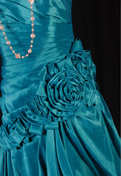 Vintage Strapless Blue Green Satin Pleated Floral Mermaid Long Party Dress Evening Gown D2230