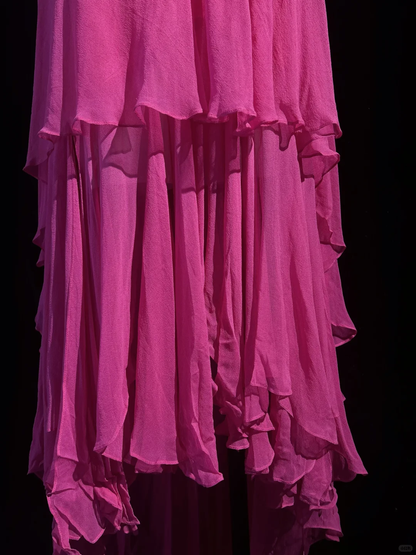 Elegant Hot Pink Chiffon Beaded Mermaid Long Party Dress,Halter V Neck Prom Gowns D2842