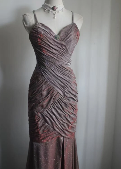 Shiny Spaghetti Straps Purple Satin Sequin Pleated Mermaid Slit Long Evening Dress Birthday Party Gown D2319