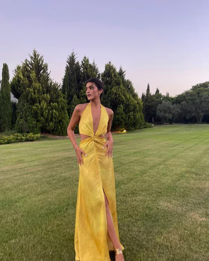 Pretty A line Halter Neckline Long Yellow Prom Dress Evening Dress Formal Dress SD2161