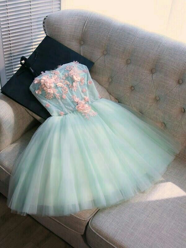 Beautiful Mint Green Tulle Appliques Strapless Short Homecoming Dress Birthday Dress D4000