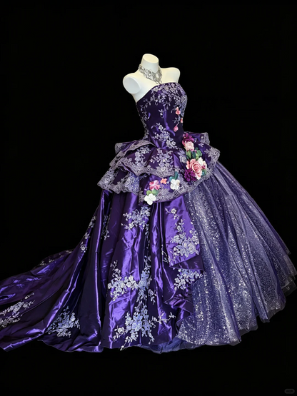 Retro Ball Gown Purple Satin Tulle Floral Birthday Quinceanera Dress With 3D Florals D5280