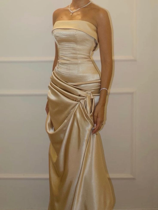 Fashion Strapless Satin Pleated Mermaid Long Wedding Guest Dress Party Gown D1729