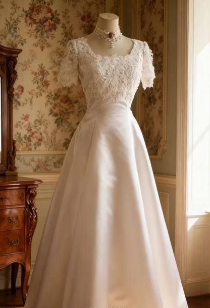 Classy Lace Appliques Satin A Line White Long Wedding Dress Bridal Dress D1269