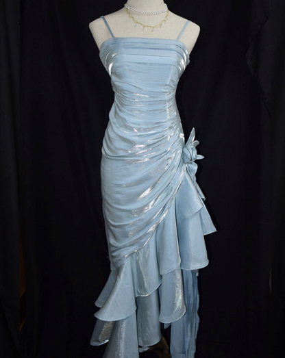 Retro Mermaid Spaghetti Straps Satin Long Party Dress Prom Dresses SD1523