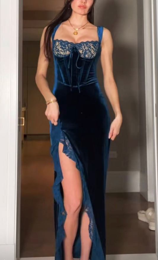 Classy Blue Velvet Lace Ruffles High Slit Long Party Dress Formal Wedding Guest Dress D1648