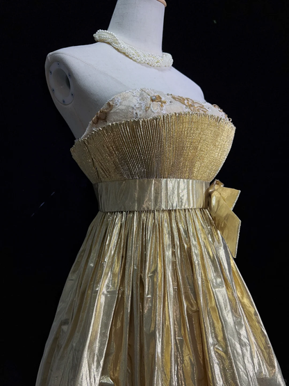 Gorgeous Gold Strapless Lace Satin Pleated A Line Short Homecoming Dress Cocktail Dress D3371