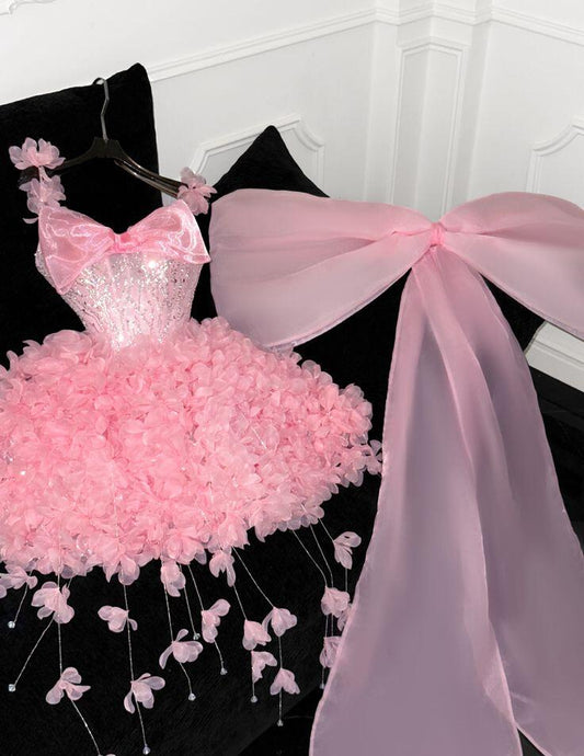 Gorgeous Pink Tulle Petals Beaded A Line Homecoming Dress,Formal 16th Birthday Outfits With Bow D3175