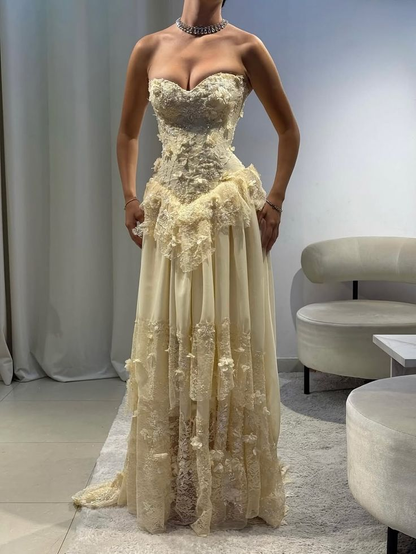 Elegant Yellow Sweetheart Neck Chiffon Lace Appliques Long Prom Dress Birthday Party Gown D1188