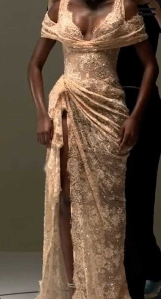Sexy Champagne Nude Lace Mermaid Evening Dress,Off The Shoulder High Slit Long Prom Gown D2971